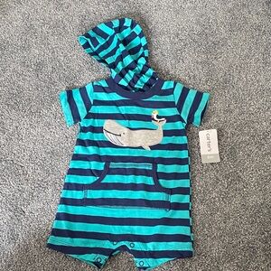 Carter's Teal and Navy Striped Romper with Whale